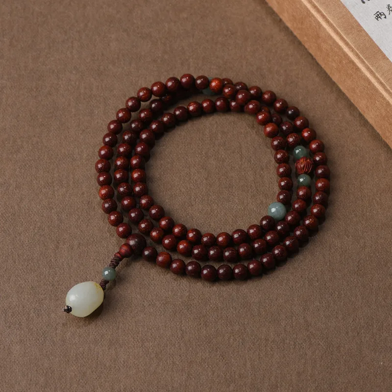 African Red Sandalwood 108-Bead Bracelet with Hetian Jade Pendant, Multi-Wrap for Men & Women, Gift Option