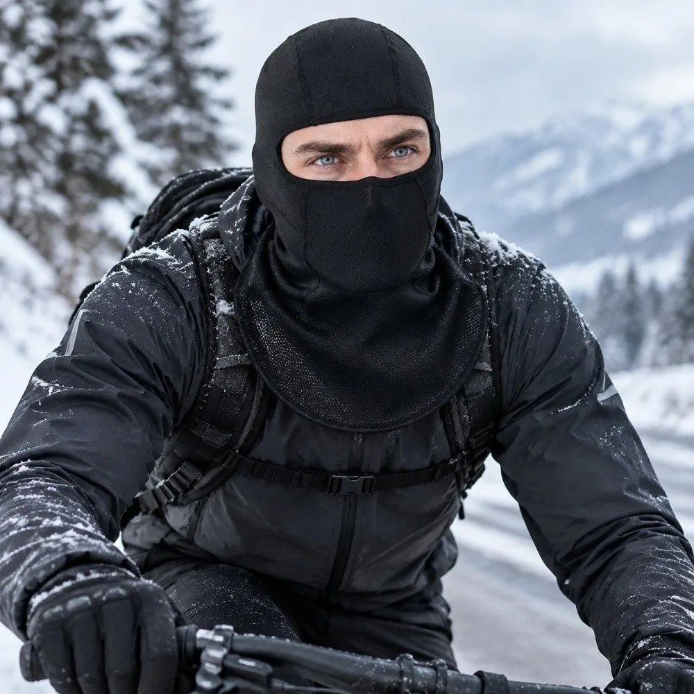 Warm Lining Winter Balaclava Mask Extended Collar Dustproof Guard Hat with Shawl Solid Black Neat Stitching Cycling Helmet Liner
