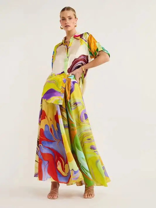 Fashionable Printed Shirt And Skirt Set High Waist Long Sleeve A-Line Dress Elegant Ladylike Look Perfect for Date And Daily ...