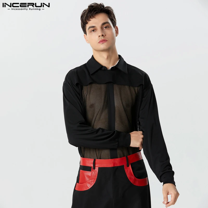 

Fashion Casual Style Tops INCERUN Men See-through Mesh Shirts Sexy Hot Selling Male Fake Two Thin Long Sleeved Blouse S-5XL 2023