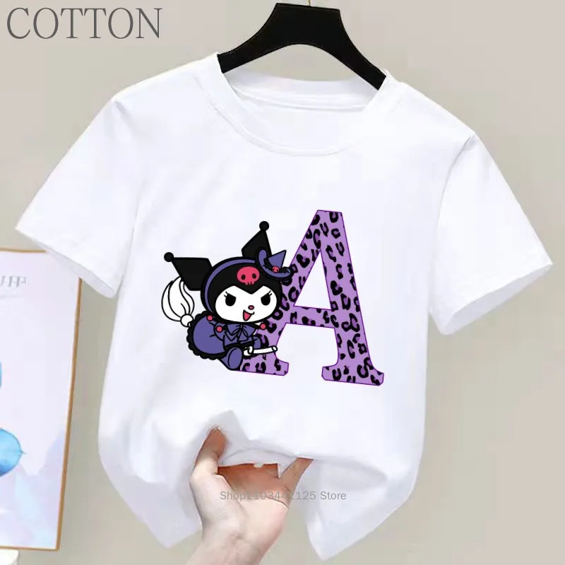 Kuromi Anime Letter A-Z Children's Short-sleeved New Sanrio Summer T-shirt Clothes Girly Heart Soft Clothes Kawaii Birthday Gift