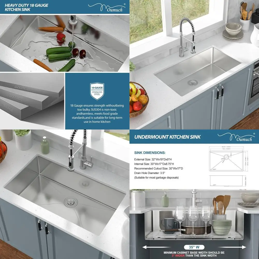 

Глубокая кухонная мойка из нержавеющей стали 16G, 32x19 дюймов, для установки под столешницу, для дома и кухни