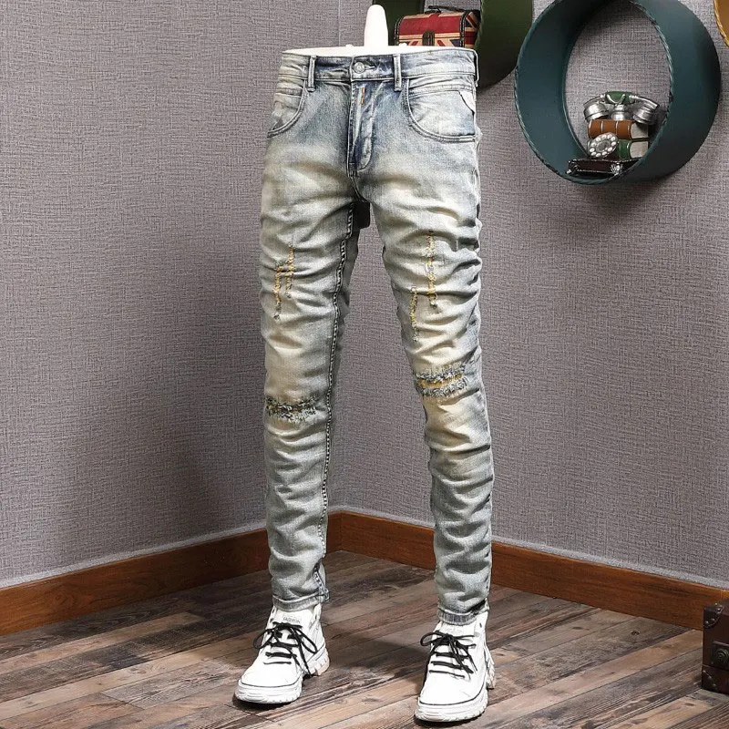 Fashion Vintage Men Jeans Retro Washed Elastic Slim Hole Ripped Jeans Men Embroidery Designer Patched Hip Hop Denim Pants Hombre