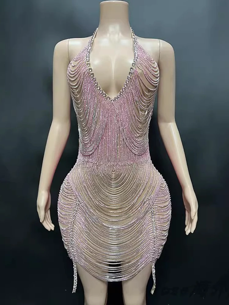 High Quality Tassel Chain Sexy Hanging Neck Deep V Exposed Backpack Hip Dress 2026 New Fashionable Custom Women'S Clothing