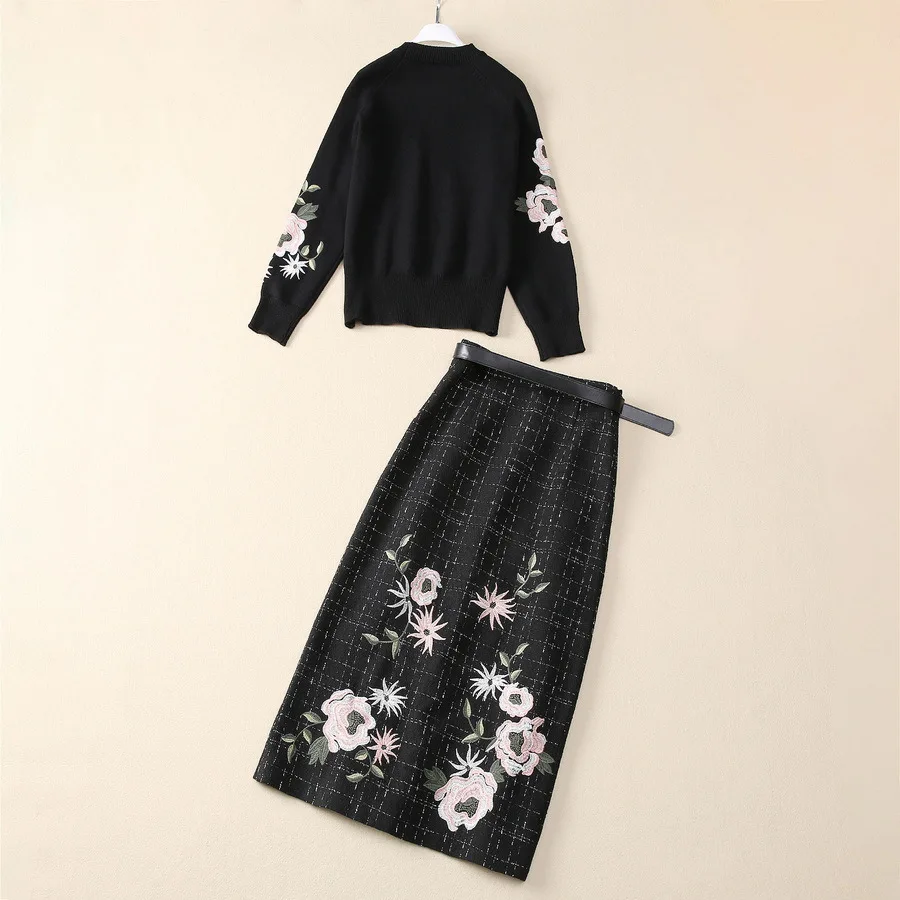 Europe and the United States women's 2024 winter new Long-sleeved floral embroidered sweater Woolen skirt with belt Fashion suit