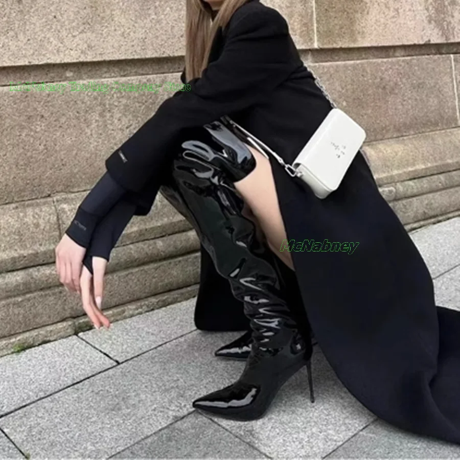 Shiny Leather Over the Knee Boots Retro Fall Pointed Toe High Heel Women Boots Party High Heel Shoes2023 New Zapatos Para Mujere