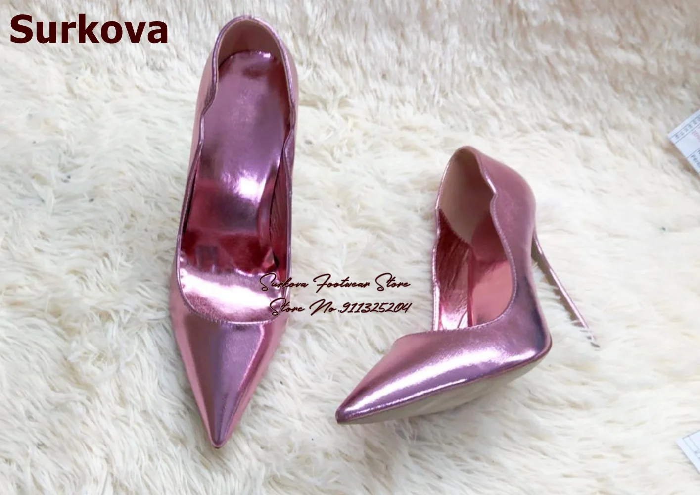 Surkova Gold Hologram Iridescent Mirror Leather Shallow Pumps 12cm Thin High Heel Pointed Toe Slip-on Dress Shoes Red Pink Blue