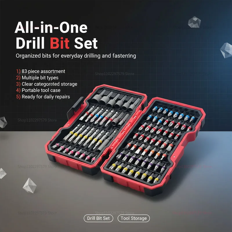 

Набор из 83 ударных насадок для дрели с магнитным нескользящим держателем, из стали S2: крестовые, плоские, квадратные, звездообразные, шестигранные, TORX.