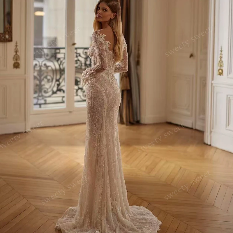 Luxuriöses Brautkleid mit abnehmbarer Schleppe, Perlenstickerei, gerüschter Organza und bestickter Spitze, Meerjungfrau-Ballkleid, maßgeschneidert, volle Ärmel