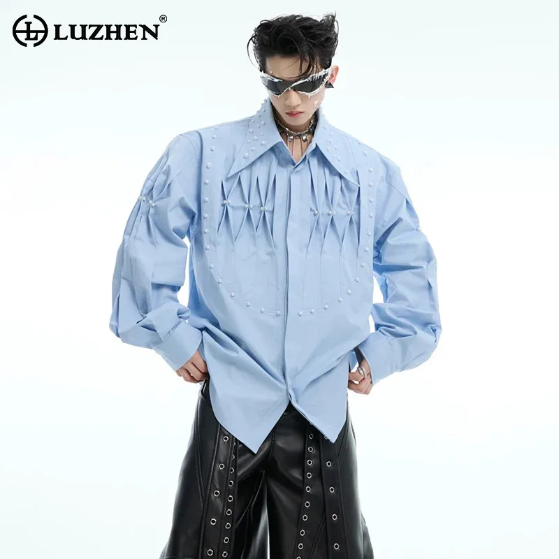 LUZHEN 2025 Spring Personalized Pleat Design Loose Long Sleeve Shirts Men's Fashion High Street Original Solid Color Tops LZ8665