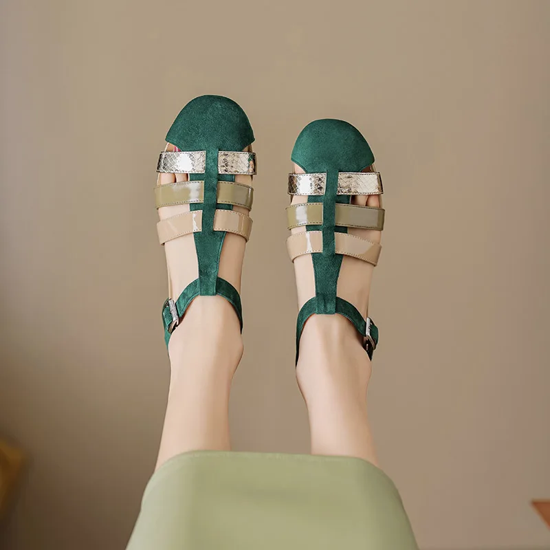 Phoentin Vintage Green Sandals Female Mixed Colors Elegant Woman Shoes With Low Heels T-Strap Shoes Narrow Bands FT2400