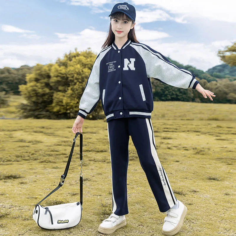 Korean Spring Autumn School Girl Baseball Suit Teenager Girl Contrast Striped Coat+Sweatpants Child Jogger Workout Set 5-14Yrs