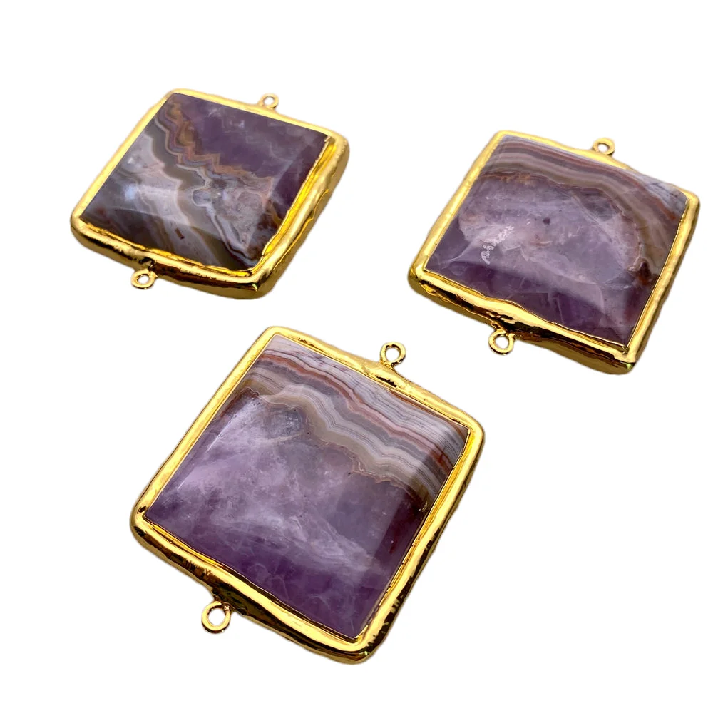 

2 PCS Natural Amethyst Agate Square 38mm Double Ring Metal Bezel Connector