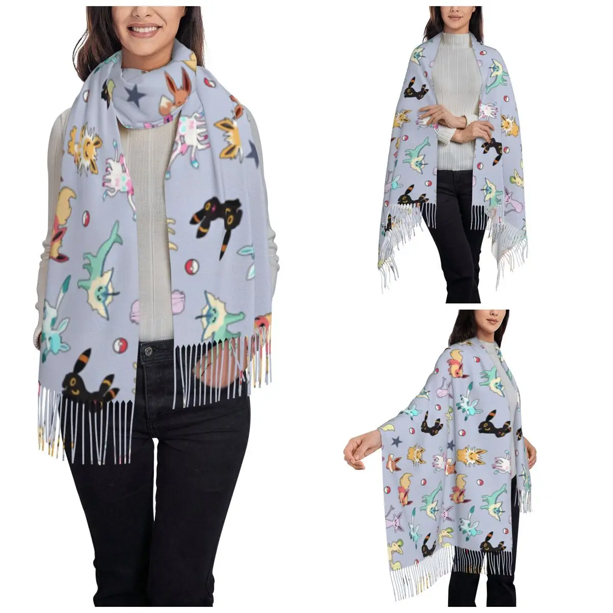 Women's Tassel Scarf Pokemon Anime Pikachu Mew Large Super Soft Shawl Wrap Cartoon Game Gifts Cashmere Scarf