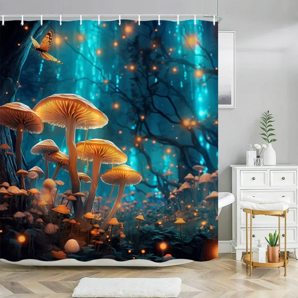 Fantasy Mushroom Shower Curtains Fairy Forest Tree Gothic Style Jungle Green Zen River Bathroom Decor Shower Curtain With Hooks