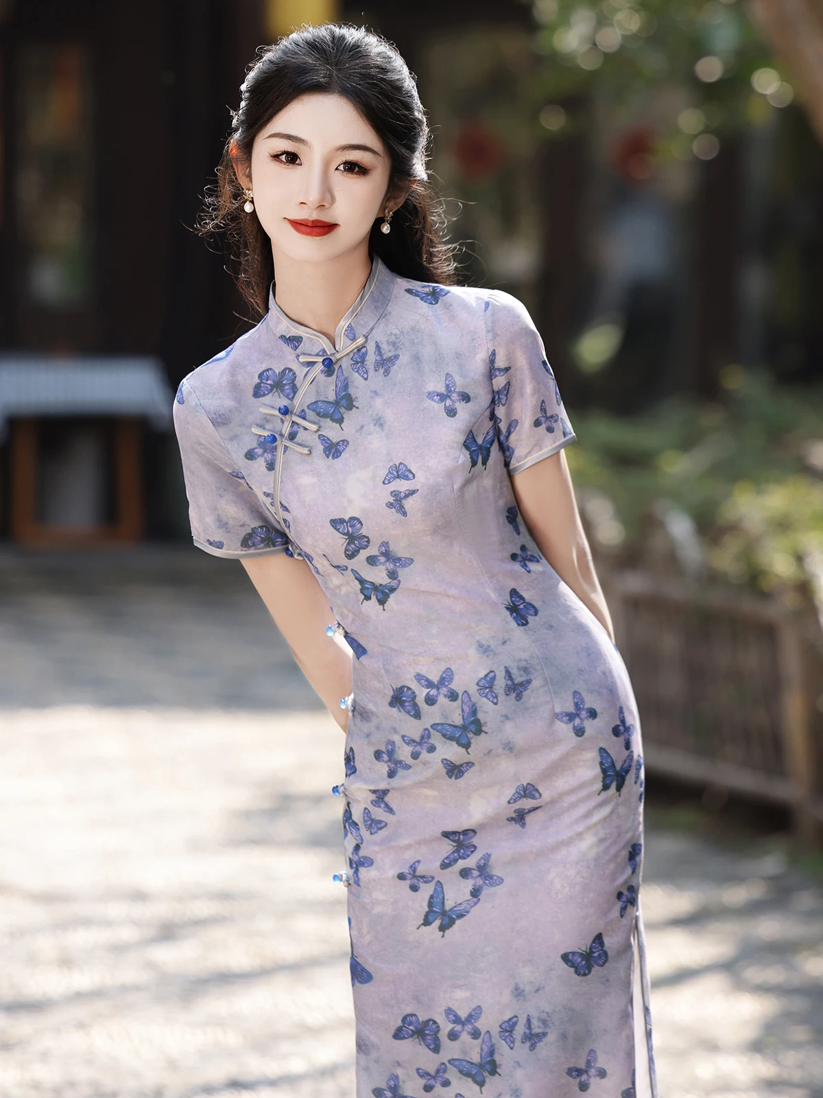 Young Elegant Lady Style White Silk Chic Purple Cheongsam Spring and Summer New Chinese Short Sleeve Daily Wearable Dress