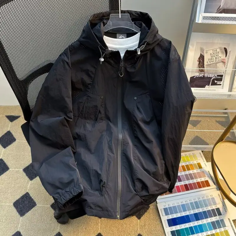 

Cool Sensation Ice Silk Couples Outdoor Sports Lightweight Hat Sunscreen Clothing Men's Casual Style Long Sleeve Zipper Jacket