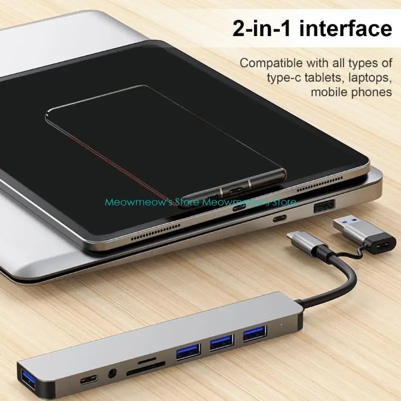 W91A USB C Multiports Adapter USB3.0 Type C Hub مع قارئ البطاقات لسفر الأعمال المتعددة الاستخدام المنزلي #4