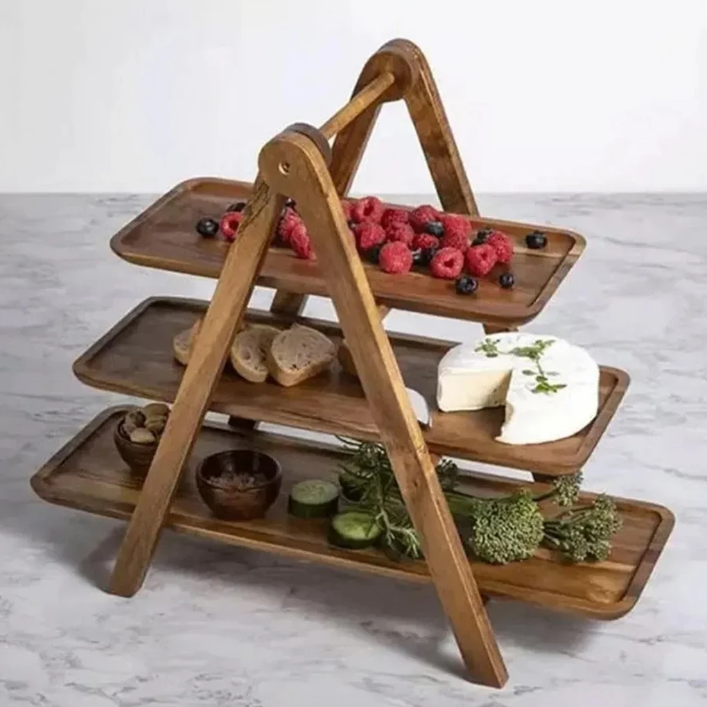 3 Tier Serving Tray Three Tiered Cupcake Stand Rectangle Serving Platter Wooden Tiered Tray Party Serving Brown Decorative Tray - view 2