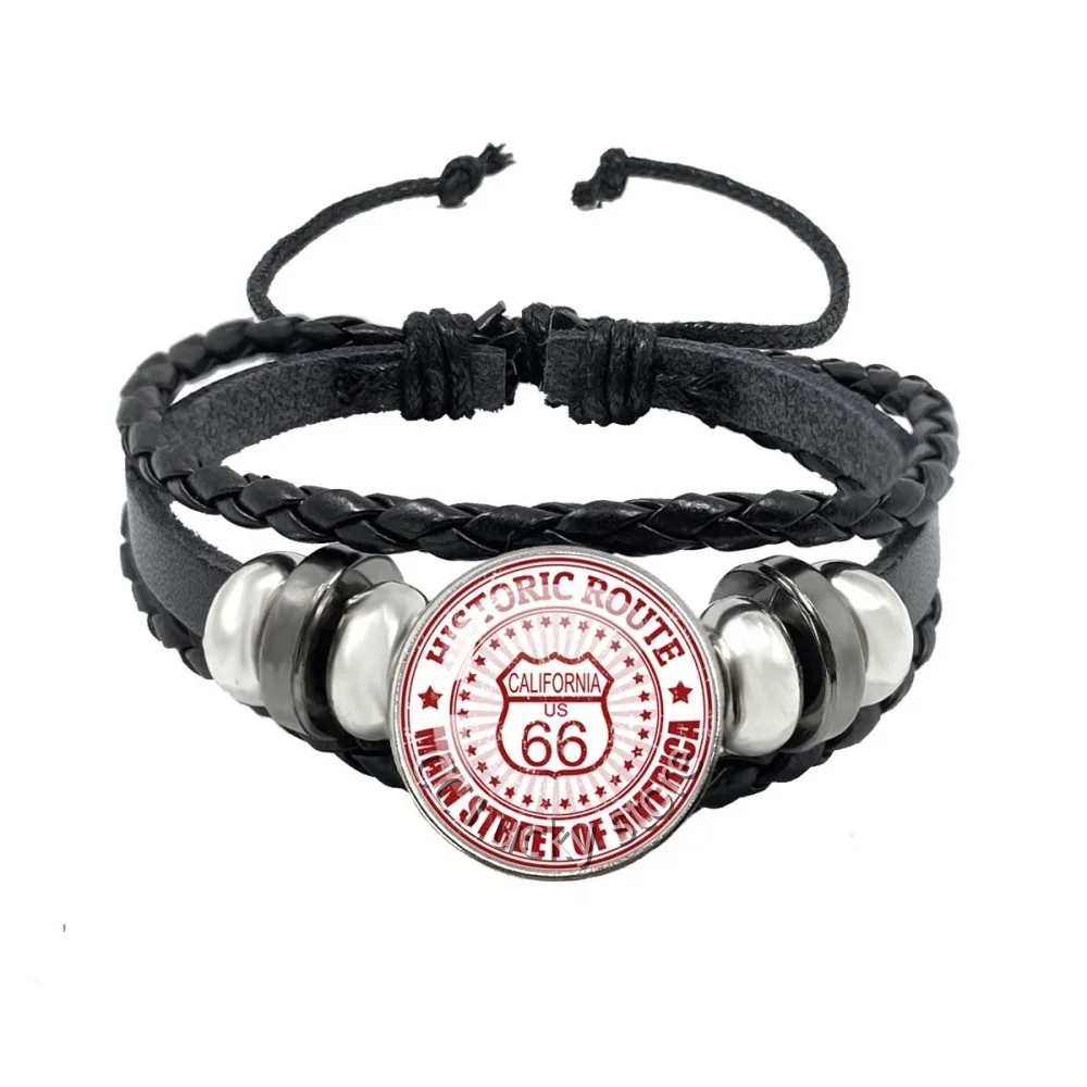Hot Sales ROUTE 66 18mm Black Bracelets Handmade Art Photo Glass Cabochon Bracelet Women Men Jewelry Gift