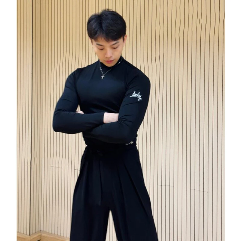 

Men Latin Dance Tops Slim Fit High Collar Long Sleeves Shirts Black Pants Male Adult Cha Cha Rumba Dance Training Practice Wear