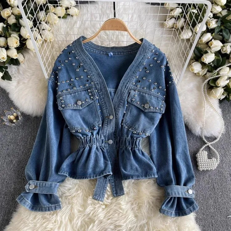 Young Women V-neck Single Breasted Denim Coat New Korean Fashion Heavy Handwork Nail Beaded Slim Waist Short Jeans Jackets Top