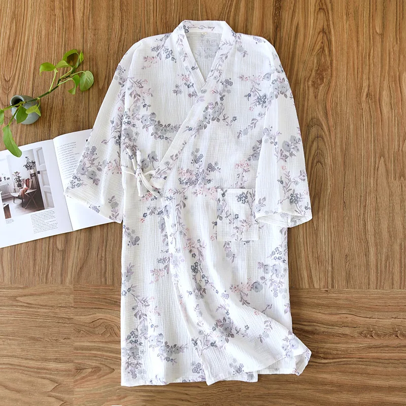 2024 Japanese Spring/Summer Kimono Women\'s Bathrobe 100% Cotton Crepe Kimono Nightgown Cute Home Robe Bath Robe Robes For Women