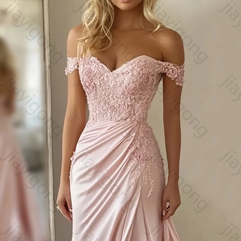 Una línea de satén fuera del hombro vestidos largos de fiesta de encaje exquisitos vestidos de fiesta de noche sin espalda de alta calidad para mujeres personalizados