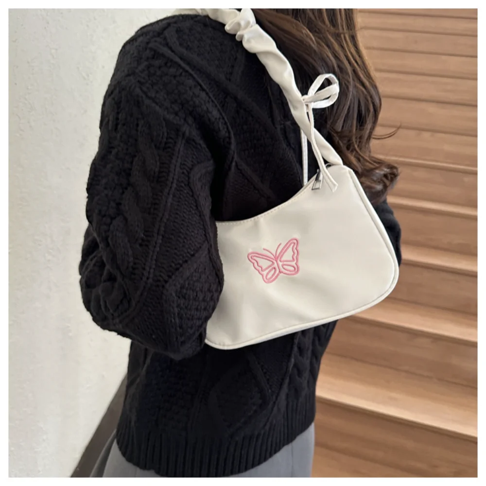 New Embroidery Butterfly Shoulder Bag Retro Y2k Ruffle Handle Bow Tote Bag Fashion Makeup Lipstick Bag Handbag Armpit Bag 2024