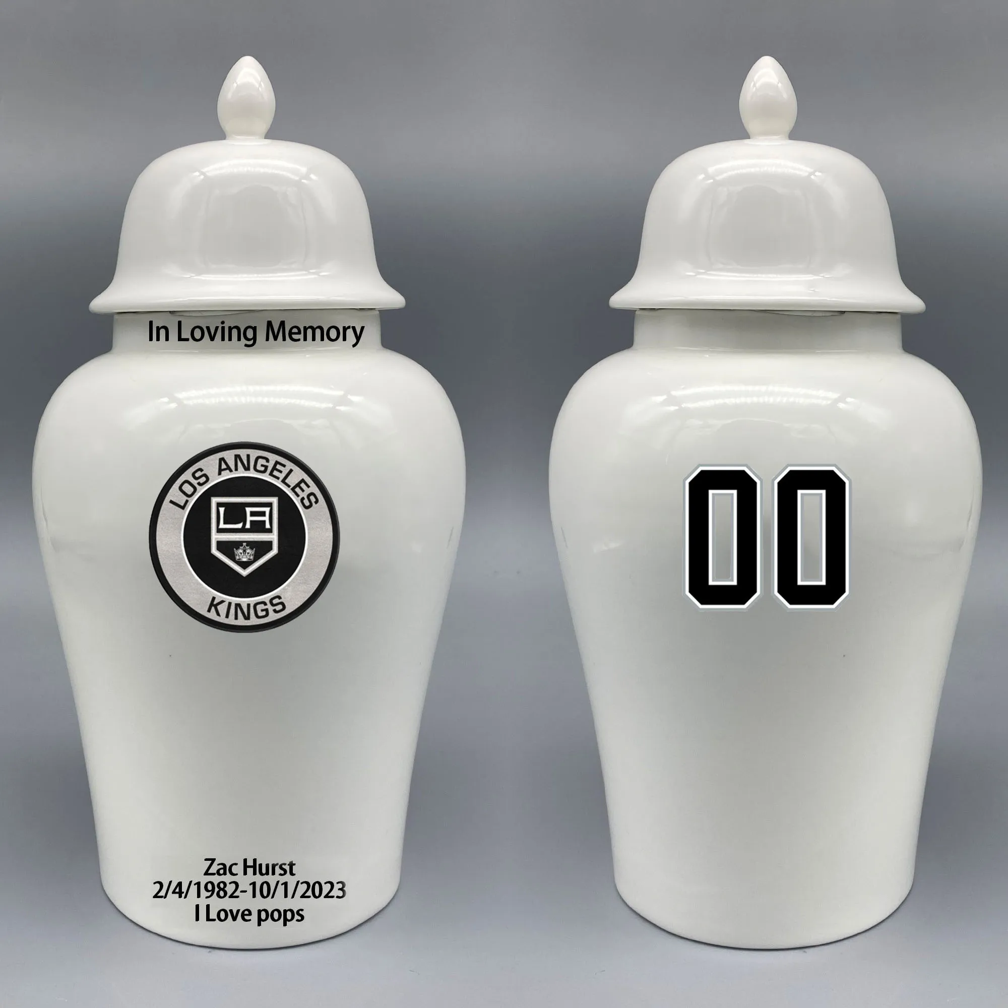 

Large Urn for Los Angeles Kings-themed Hockey Urn.Please send me the customize information-name/date and number on the urn