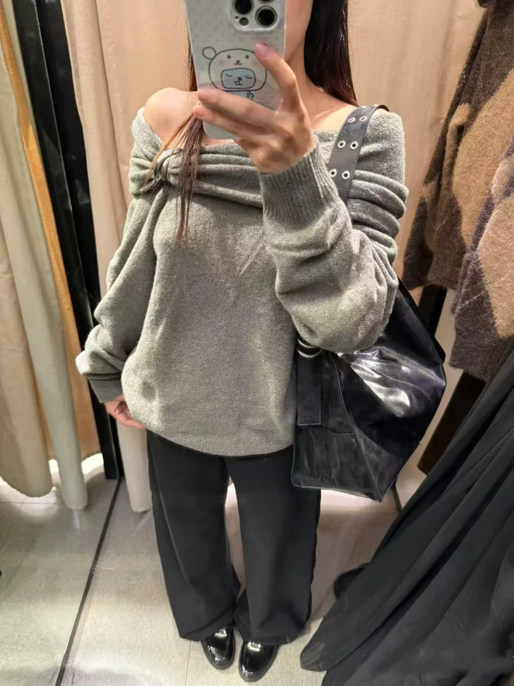 

Ретро одно плечо, металлический вязаный свитер, новый осенний женский модный свободный крой, длинный свек обычной длины, цвет