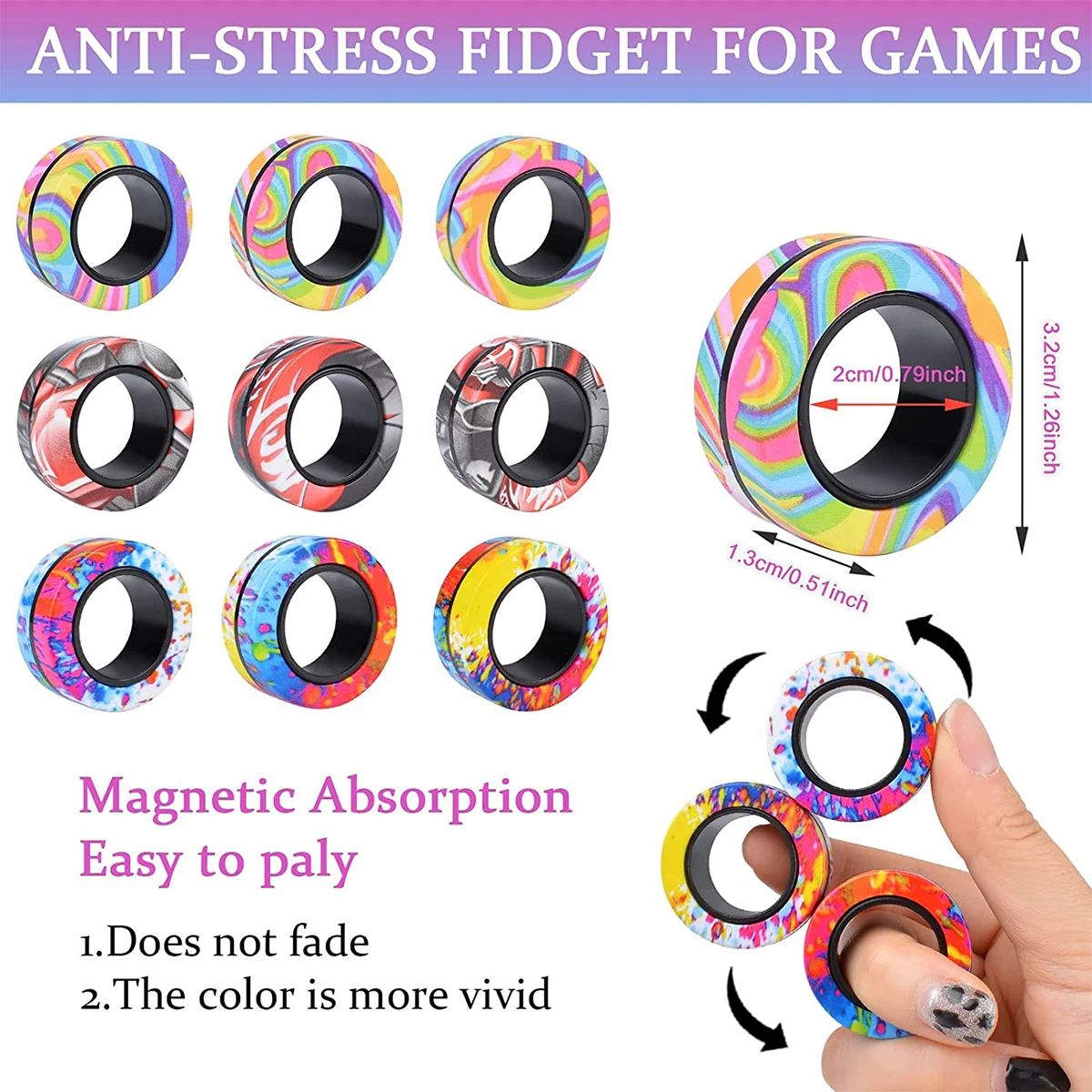 3 pçs anéis magnéticos conjunto de brinquedos fidget adulto ímãs spinner anéis fidget pacote ótimo presente para adultos adolescentes crianças