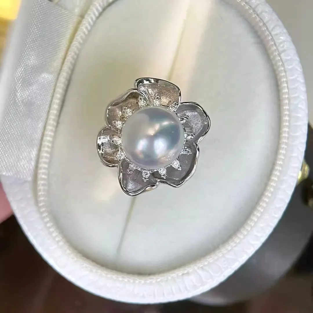 

MeiBaPJ 9mm Freshwater Pearl RING Fashion Flower Holder Ring DIY 925 Silver Holder Setting Fine Wedding Jewelry for Women