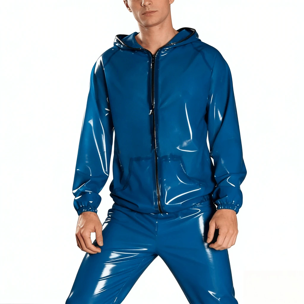 Latex Jacket Transparent Blue And Black Sexy Front Zipper With Hoodie Pockets Rubber Coat Top view 2