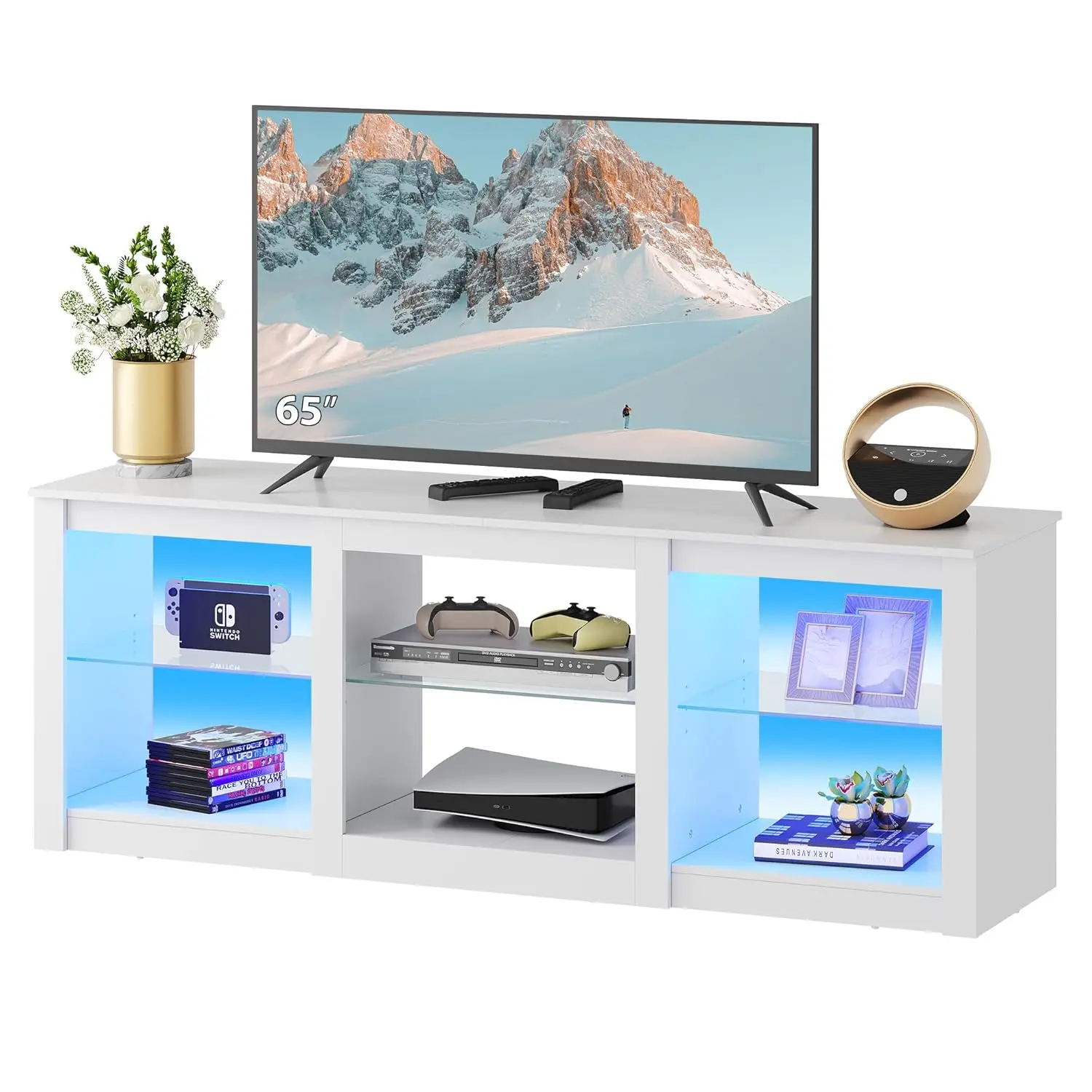 LED TV Stand 58in Entertainment Center Adjustable Glass Shelves Modern Media Console Living Room Bedroom White, Customized
