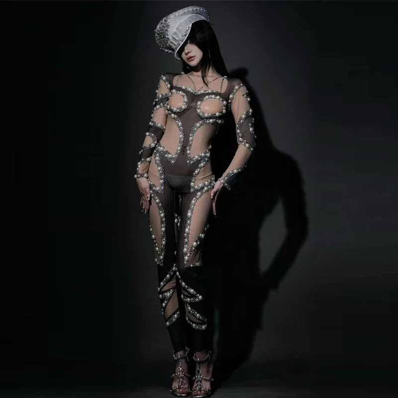 Nightclub  Dj Party Gogo Costume Fake Hollow Mesh Pearls Jumpsuit Women Pole Dance Clothing Singer Rave Outfit