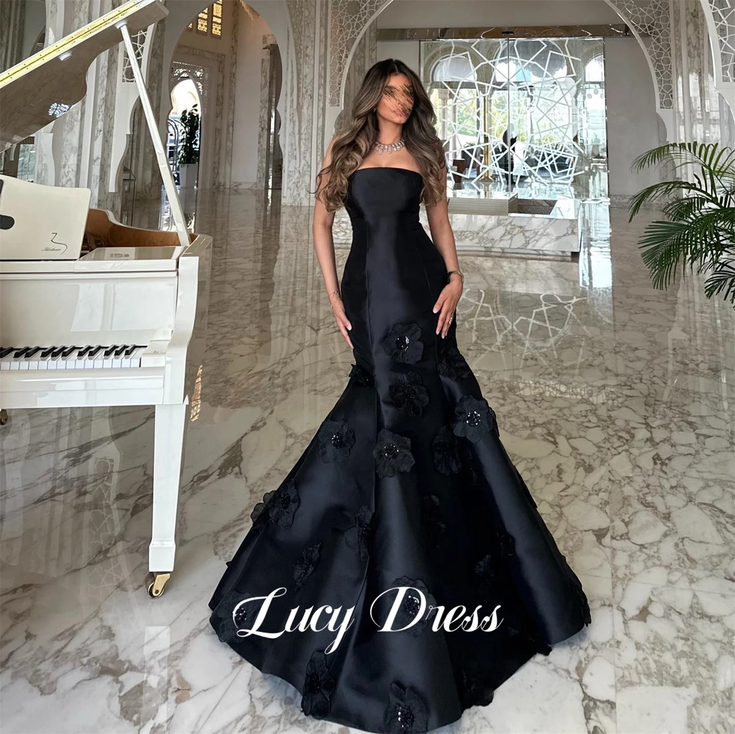 Lucy Flower Decoration Black Evening Dress Luxurious Satin Customized Dresses 2024 Women Ball Gowns Robe De Soiree Femmes