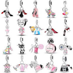 925 Silver Pink Ballet Skates Shoes Charms Fit Original Bracelet Necklace DIY Bead For Women Jeweli Make Gift