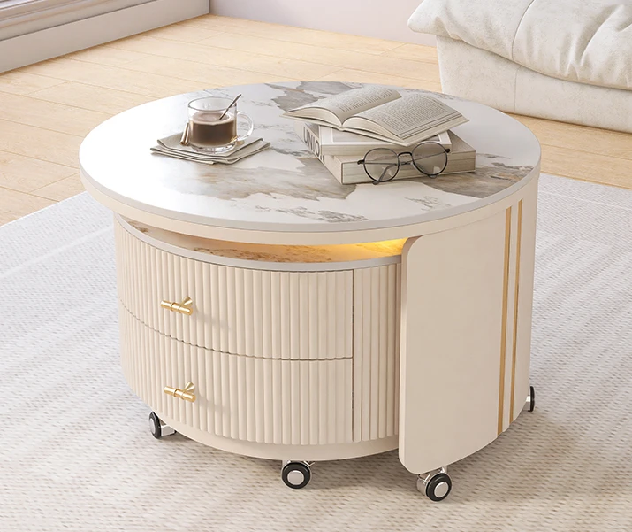 Rock slab coffee table living room household small apartment modern light luxury cream wind rotating mobile round coffee table