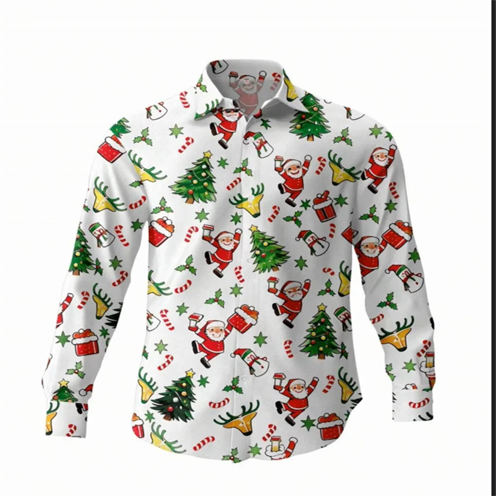 

Рождественская мужская рождественская рубашка с рисунком Санта-Клауса, длинные рукава на пуговицах, веселый уличный праздник, круглый круглый лацкан с 3D принтом