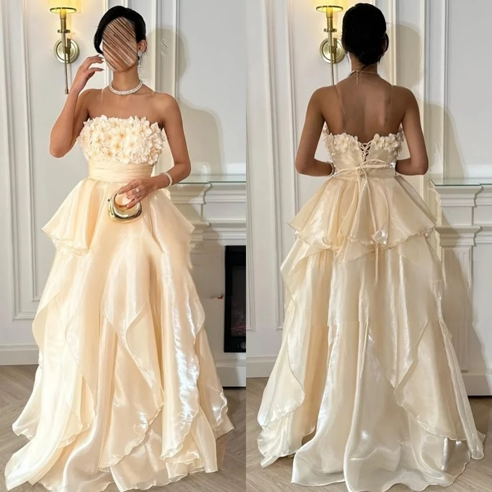 

Изящное желтое вечернее платье из органзы по индивидуальному заказу, классические платья для выпускного вечера без бретелек без рукавов, вечернее платье с мягкими цветами на шнуровке сзади