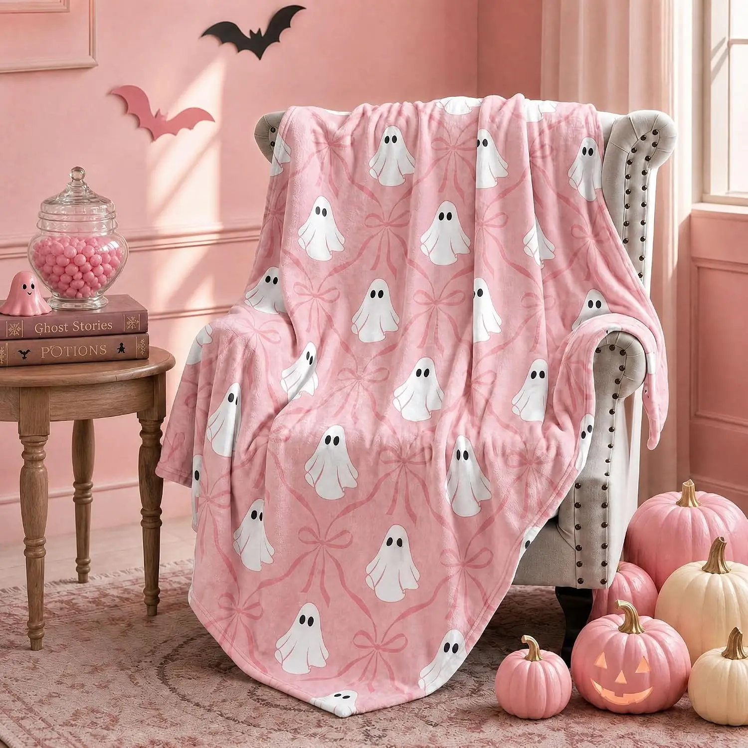 Hahafelt Halloween Pink Ghost Blanket Coquette Bow Throw Blanket