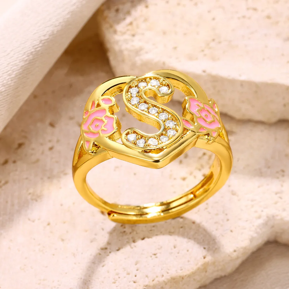 5Pcs Hot selling new models  Letter Finger Ring Drop Oil Flower Zircon 26 A-Z Alphabet Adjustable Ring Jewelry