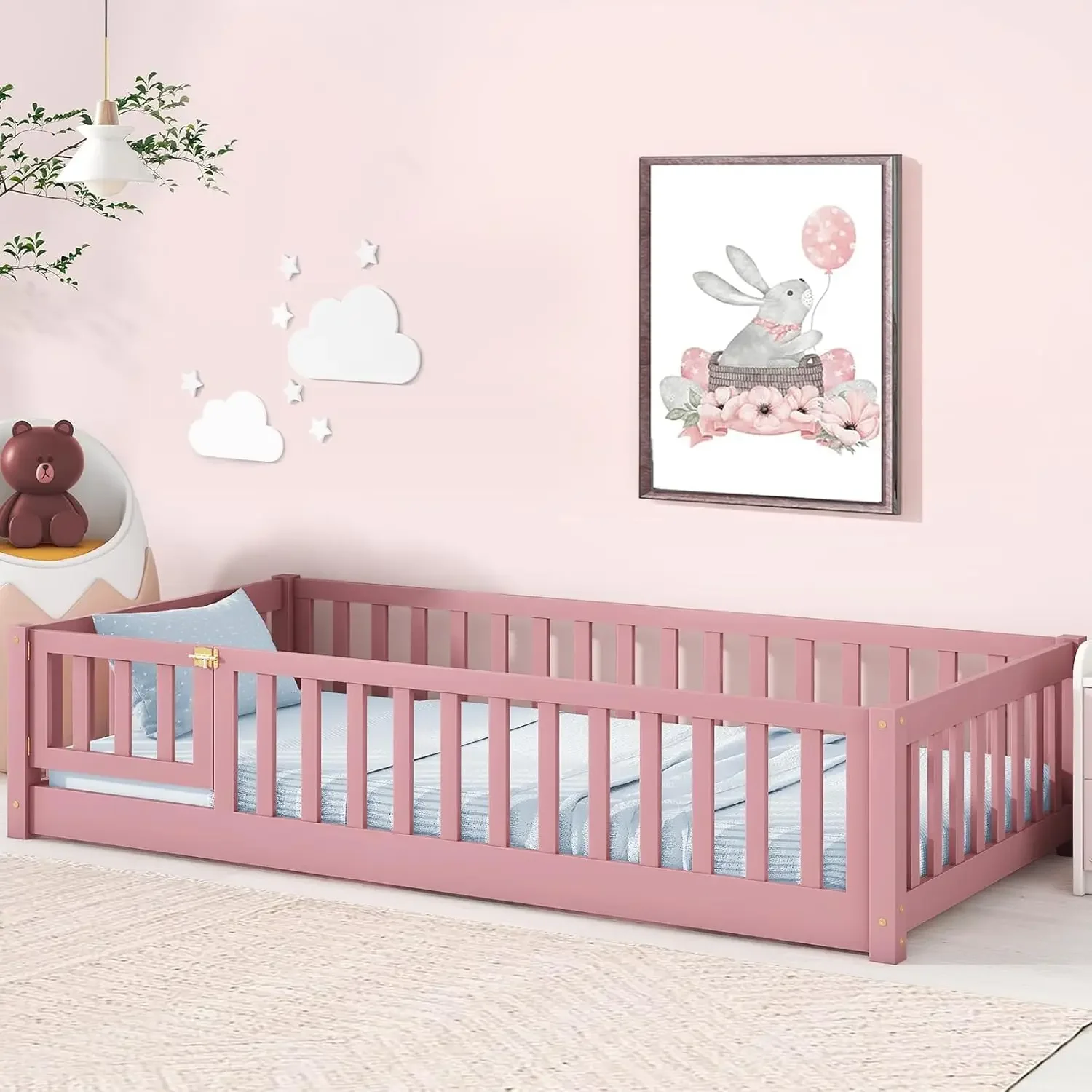 

Twin Pink Montessori Bed with Safety Guardrails, Door, and Slats, Montessori Floor Bed for Kids, Wood Montessori Bed Frame