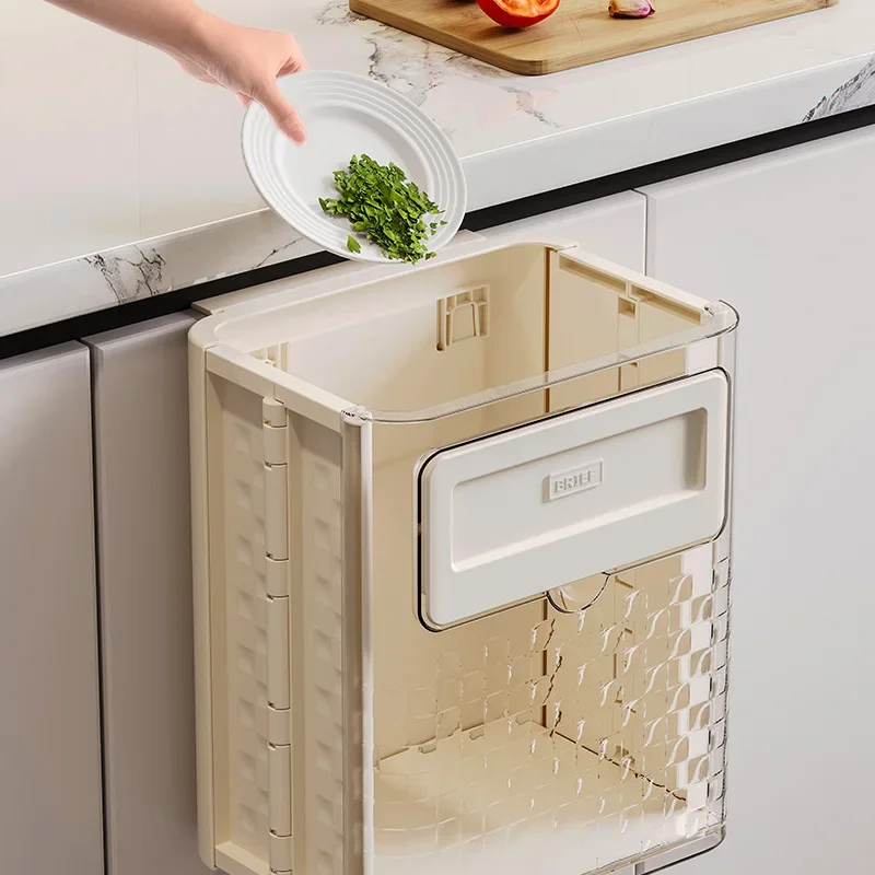 Convenient and Practical Transparent Wall-mounted Trash Can for The Kitchen Without Punching, Hanging Foldable Paper Basket