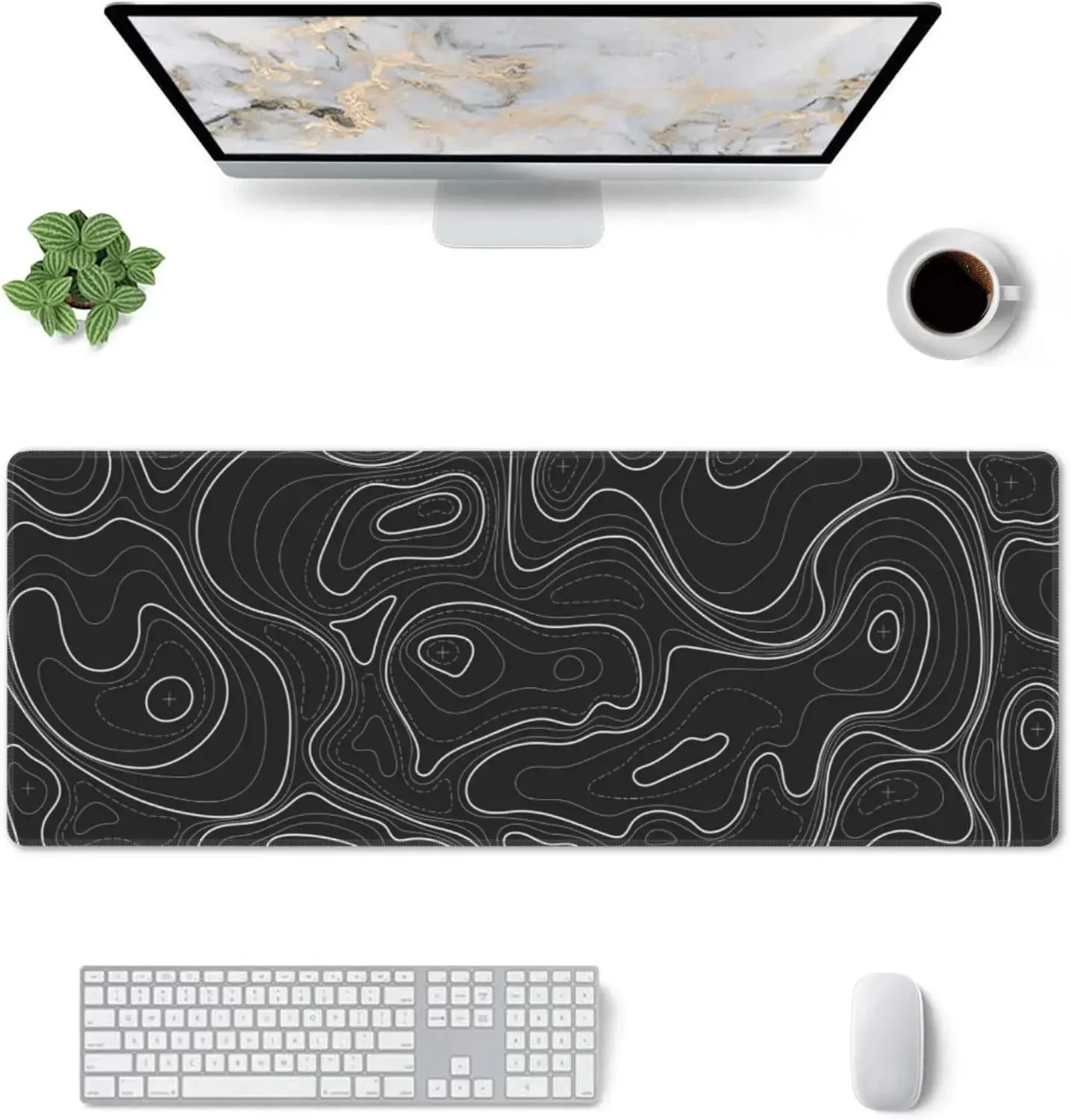 Large Gaming Mouse Pad Black Topographic Contour Mouse Pad Extended XL Long Mousepad Big Desk Mat with Stitched Edges & Nonslip