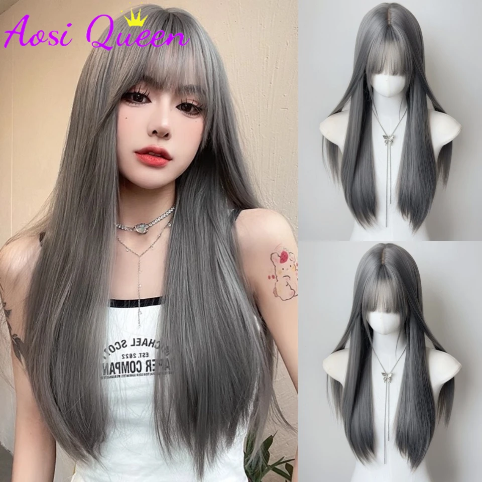 

26Inch Granny Gray Wig Long Straight Synthetic Wig for Women Fashion Wig for for Daily Halloween Costume Party Cosplay ﻿