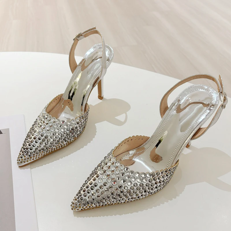 

Sexy Sandals Woman Rhinestones Pointed Toe Pumps Thin High Heels Buckle Prom Party Stripper Ladies Summer Shoes Zapatos de Mujer