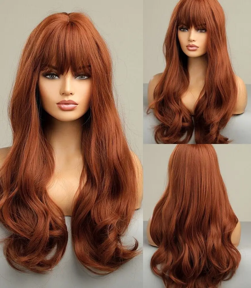 Soft Long Wavy Halloween Copper Red Heat Resistant Hair Dress Up Wigs With Bangs