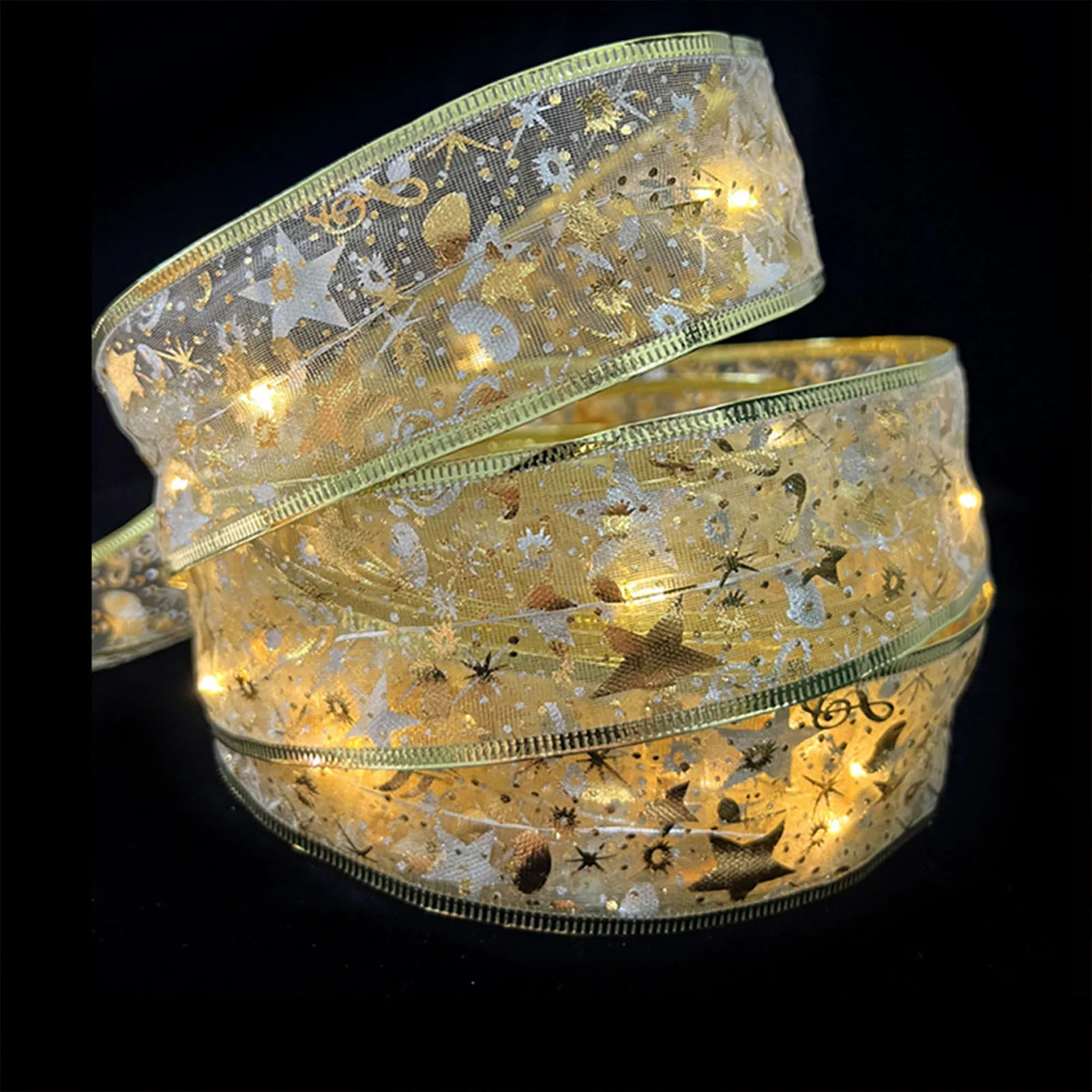 Christmas Tree Ribbon String Lights Gold Foil Double Ribbon Holiday Xmas Tree Decorations Suitable for Canopy Beds Bedroom